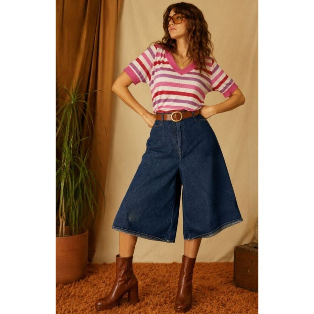 Vintage Izod Lacoste Gaucho Culotte Denim Wide Leg Shorts Retro 80s High Waist